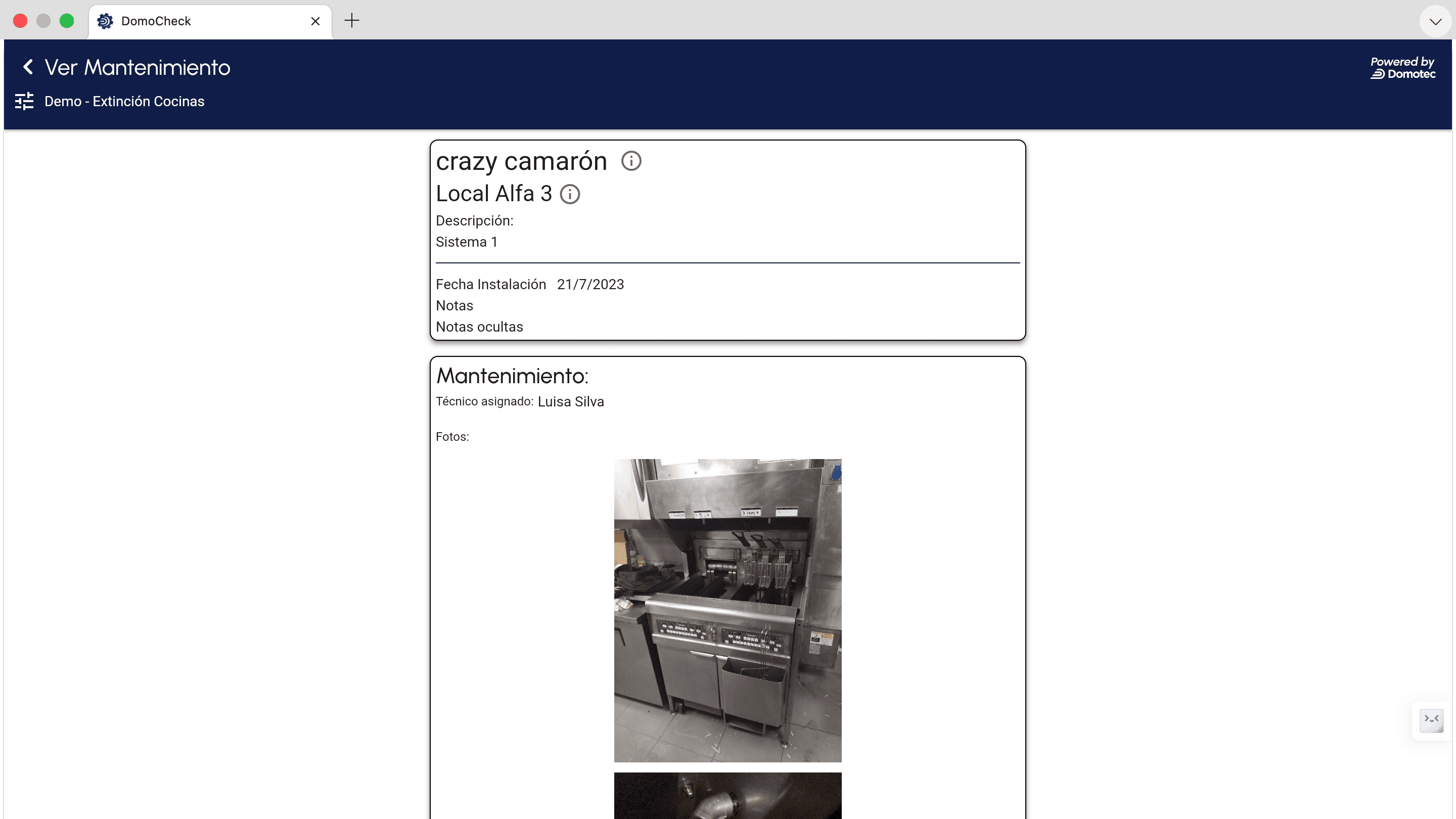 Vista de un mantenimiento y su evidencia fotográfica en la plataforma DomoCheck